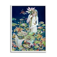 Ступел индустрии Русалка сред водни лилии флорални езерце жена Живопис бяла рамка изкуство печат стена изкуство, дизайн от Шийла Волк