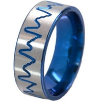 Плосък титанов пръстен с фрезован сърдечен ритъм, анодизиран в синьо